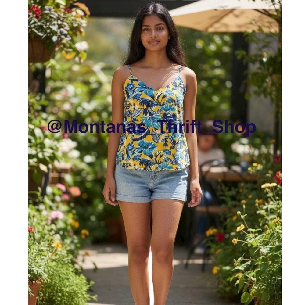 J.Crew Cami XXS 00 Bright yellow & blue tank top vibrant tropical floral print​